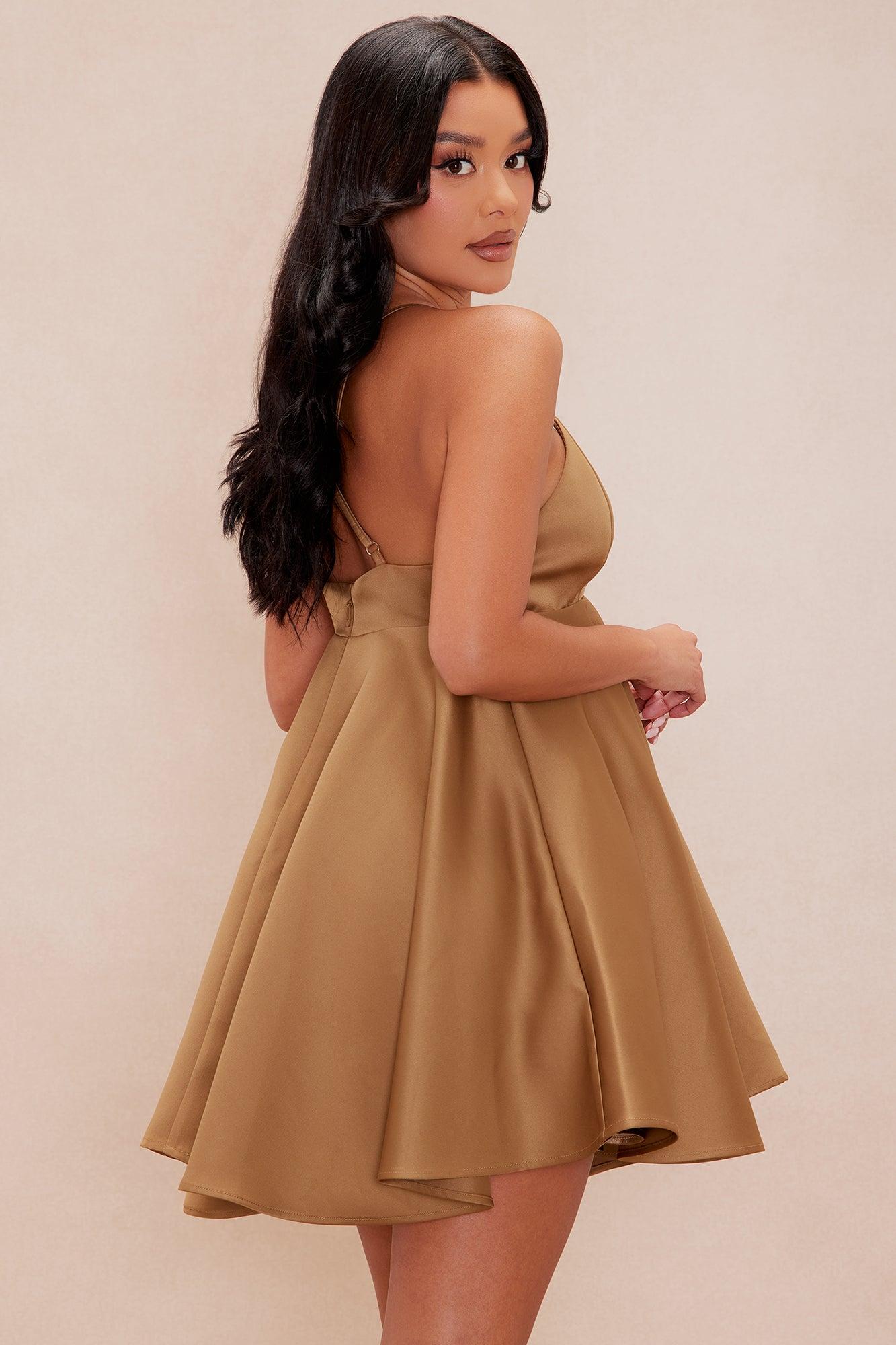 Denice Satin Mini Dress - Cognac Product Image
