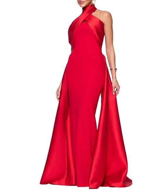 Betsy & Adam Twist Front Halter Sleevess Mixed Media Column Gown With Overlay Product Image
