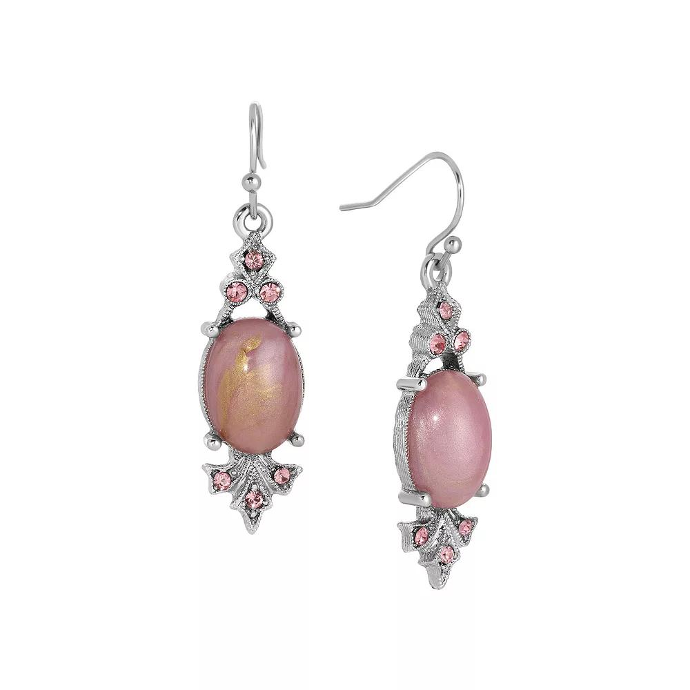 1928 Silver Tone Pink Oval Stone & Crystal Drop Earrings, Women's Product Image