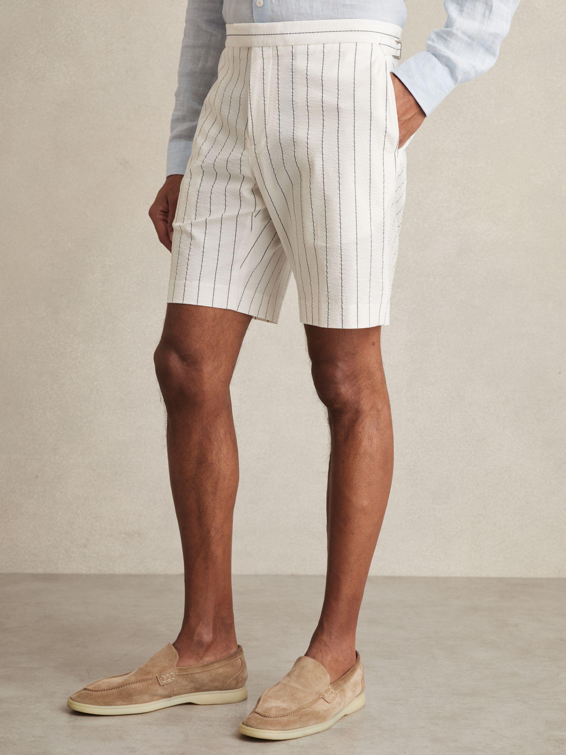Cotton-Blend Pinstripe Shorts in White/Navy Product Image