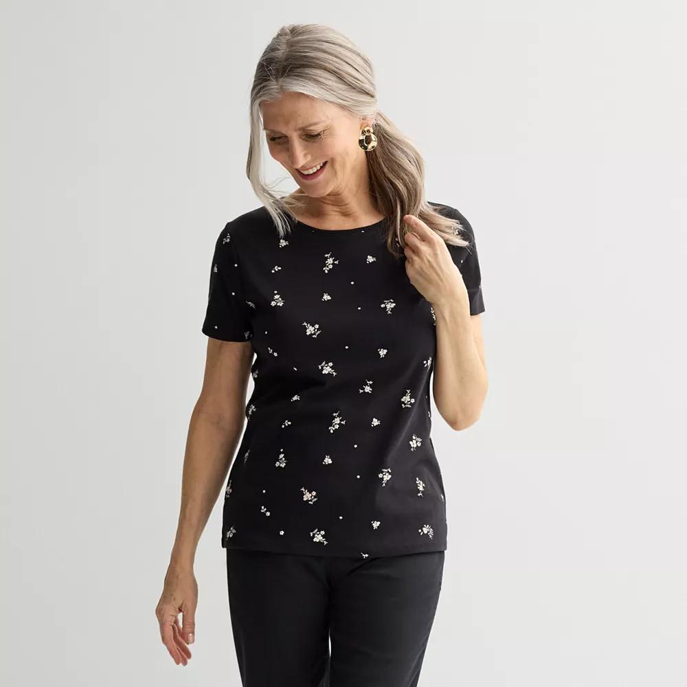 Petite Croft & Barrow® Essential Crewneck Tee, Women's, Size: XL Petite, Black Fun Floral Product Image