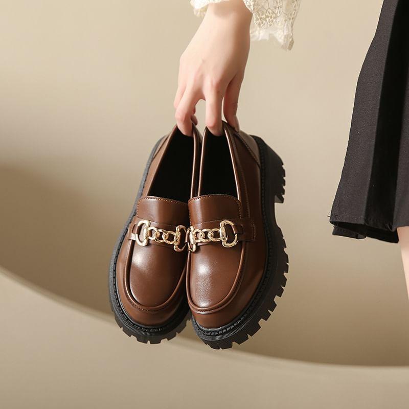 Platform Plain Chained Faux Leather Loafers Product Image