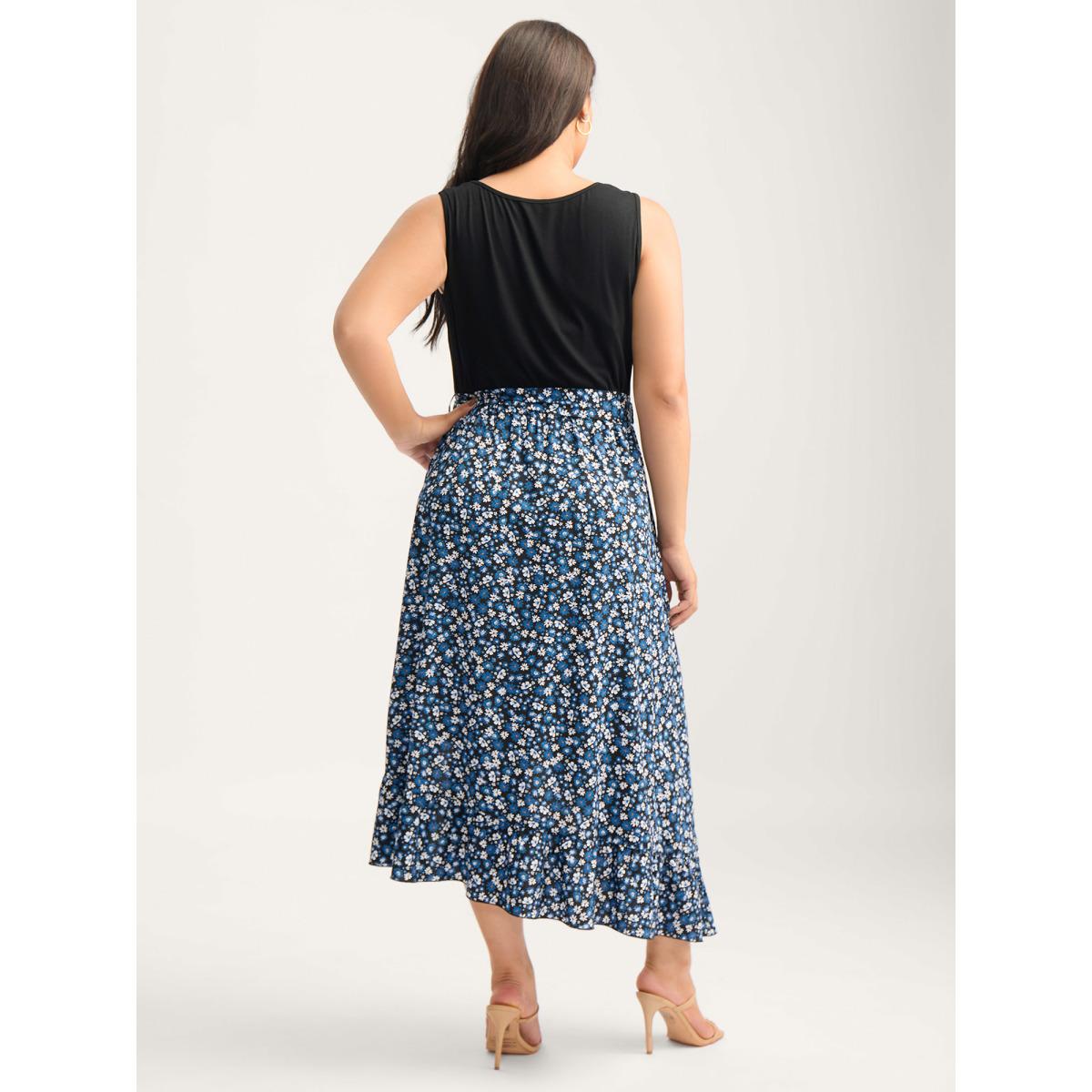 Plus Size Floral Asymmetrical Hem Bow-Tie Midi Dress BlackFlower Women Timeless Texture Round Neck Sleeveless Curvy BloomChic 10/M Product Image