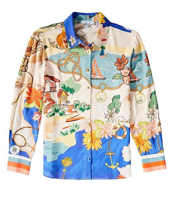 Antonio Melani Polina Linen Blend Ocean Print Button Front Collar Long Sleeve Coordinating Blouse Product Image