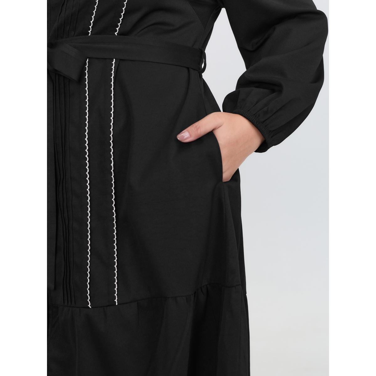 Plus Size Button Front Belted Stitch Detail Midi Dress Black Women Leisure Tucked seam Shirt collar Long Sleeve Curvy BloomChic 10/M Product Image