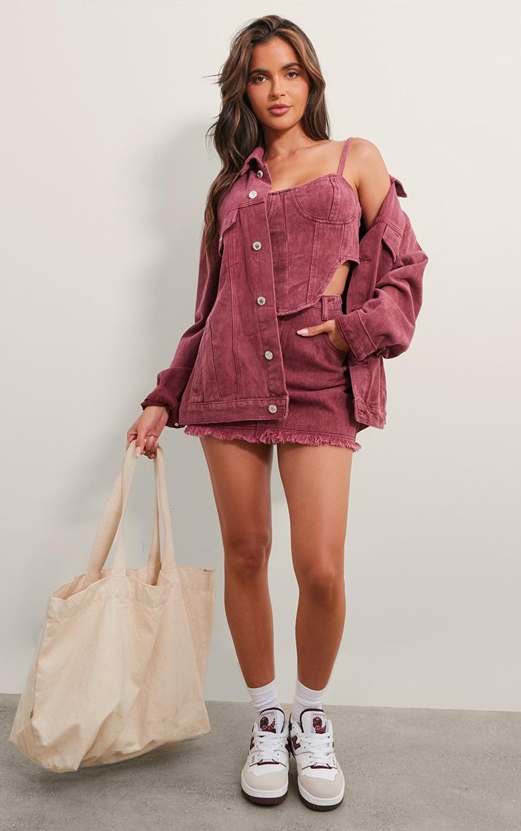 Washed Burgundy Dipped Hem Denim Corset Top Product Image