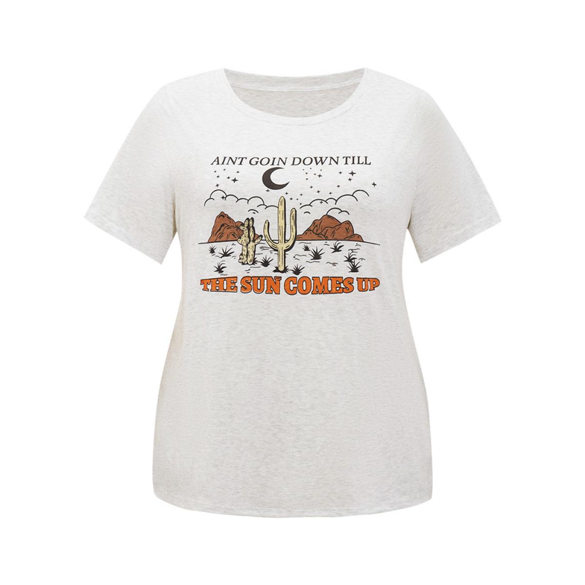 Plus Size Cactus & Letter Print Short Sleeve Graphic Tee LightGray Women Casual Western Dailywear T-shirts BloomChic 28/5X Product Image