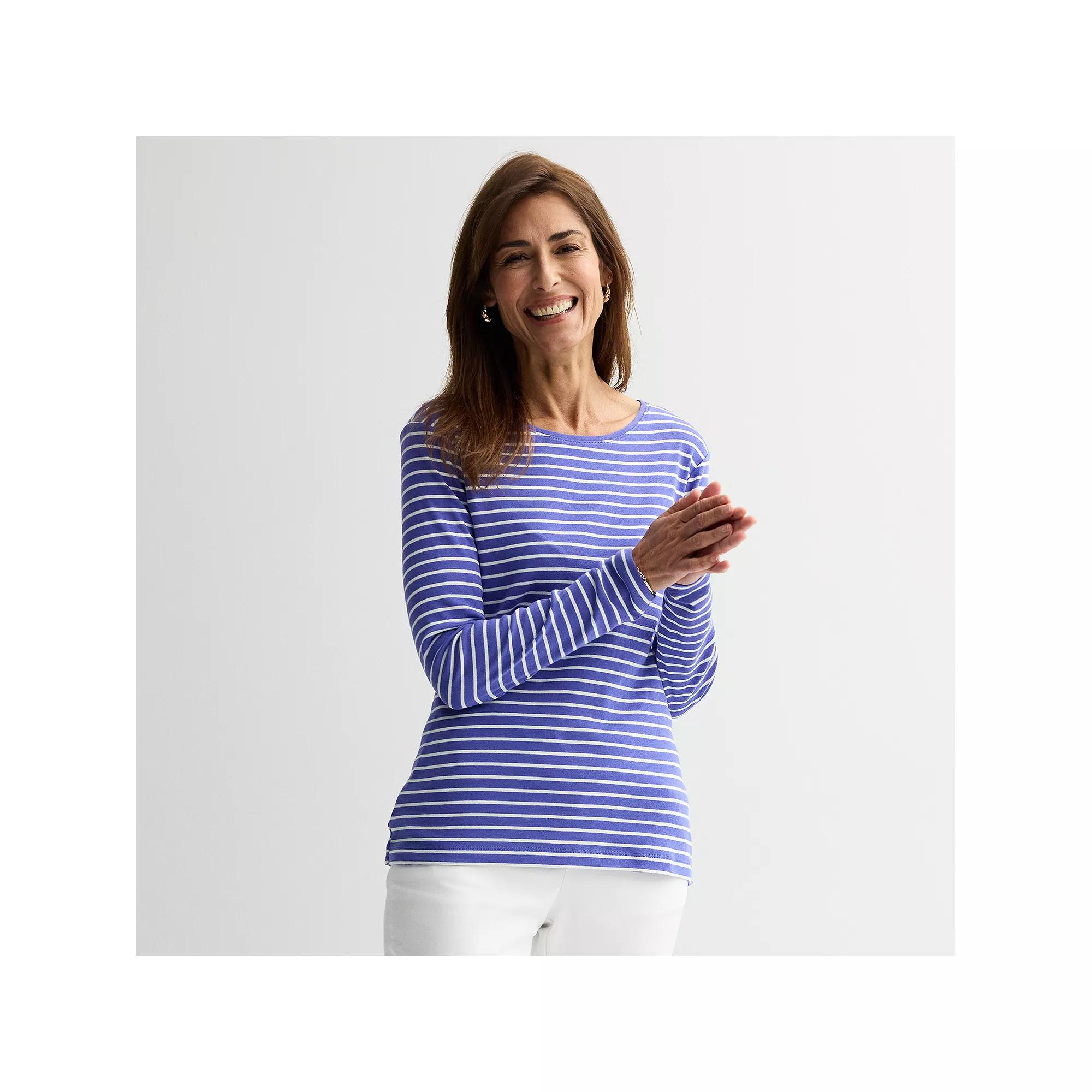 Women's Croft & Barrow® Essential Long-Sleeve Crewneck Tee, Size: XXL, Purple Clean Stripe Product Image