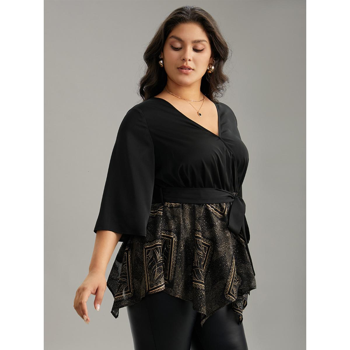 Plus Size Black Boho Print Chiffon Belted Patchwork Hanky Hem Blouse Women Glamour Elbow-length sleeve V-neck Going out Blouses BloomChic 22-24/3X Product Image