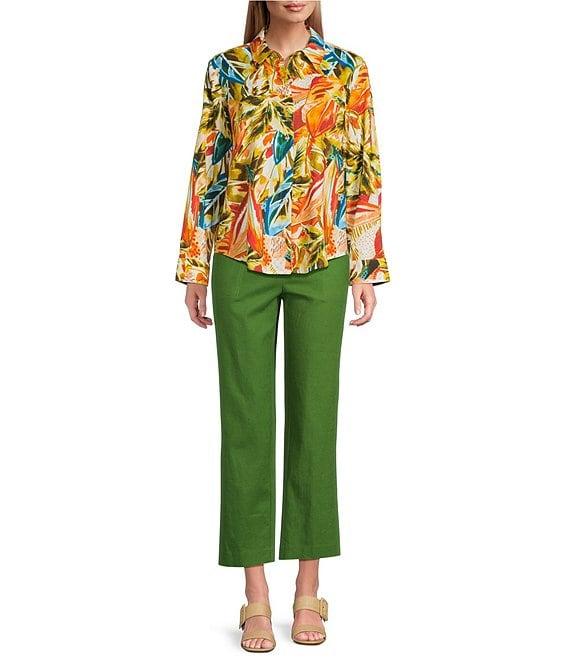 Investments Petite Size Woven Blue Lolite Status Border Long Sleeve Point Collar Button Front Top Product Image