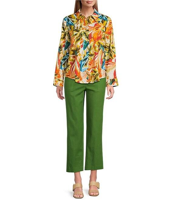 Investments Petite Size Woven Blue Lolite Status Border Long Sleeve Point Collar Button Front Top Product Image