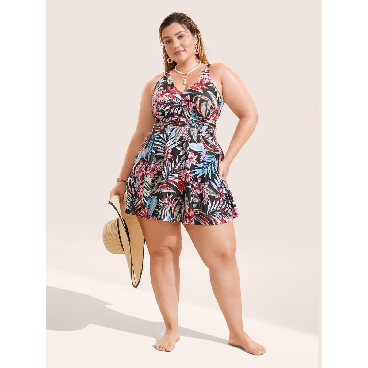 Plus Size Tropical Print Buckle Detail Swim Dress Women's Swimwear BlackFlower Beach Bodycon V-neck High stretch Curve Swim Dresses BloomChic 10/M Product Image