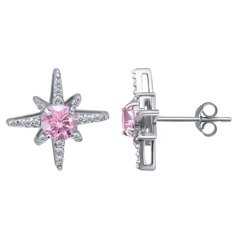 Aleure Precioso Sterling Silver Clear & Pink Cubic Zirconia Star Stud Earrings, Women's, Silver Tone Pink Product Image