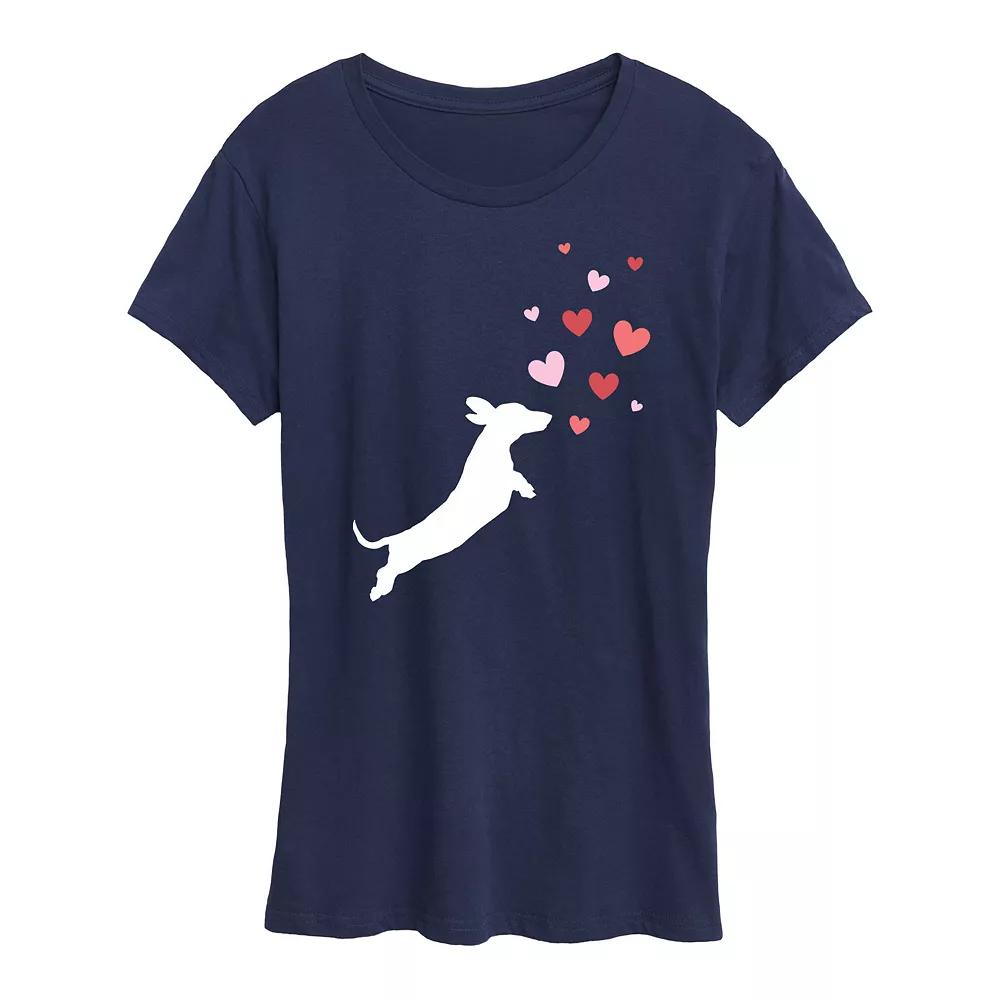 Womens Dachshund Chasing Hearts Graphic Tee Blue Product Image