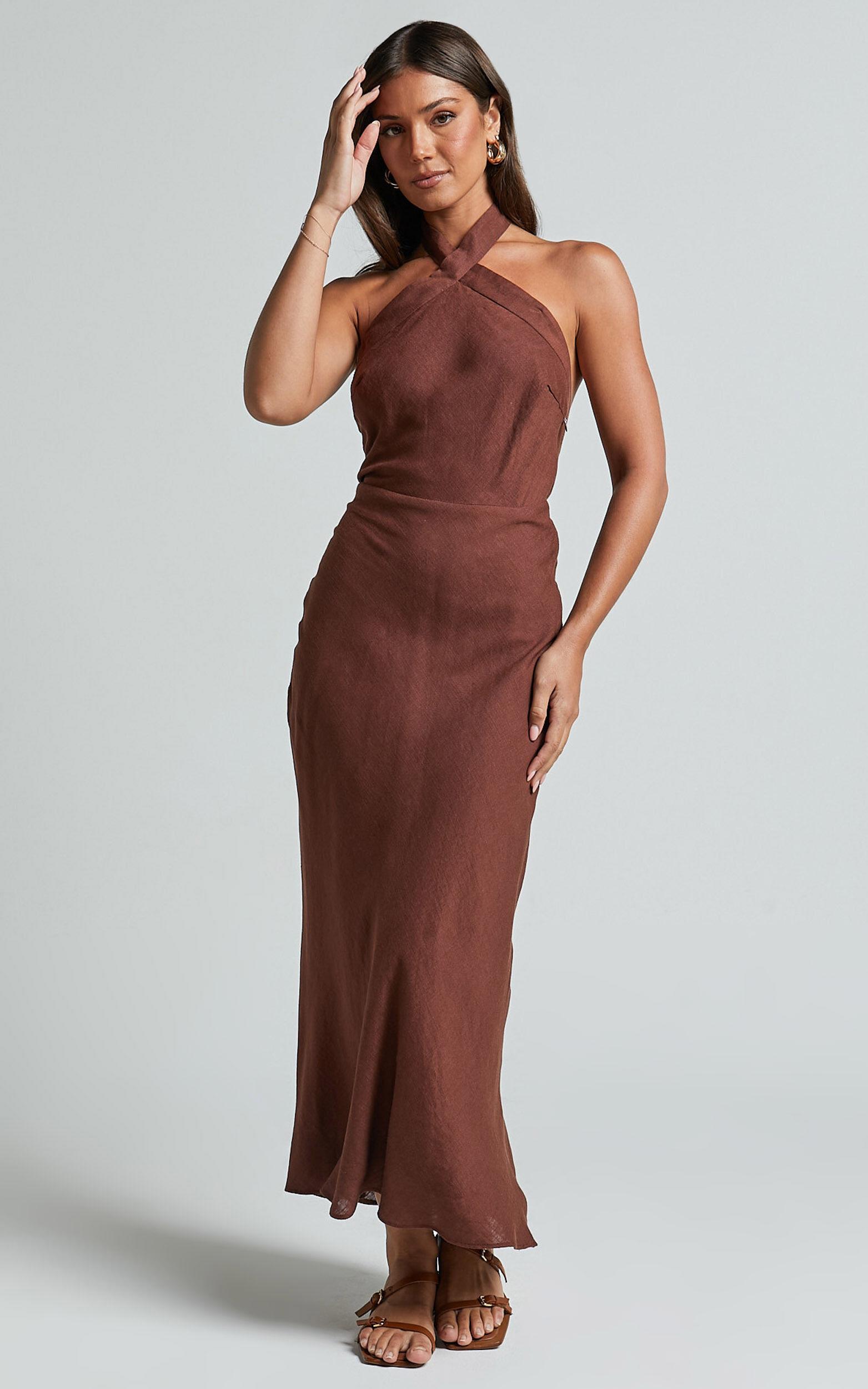 Maelynn Midi Dress - Linen Twist Halter Neck Low Back Slip Dress in Chocolate Product Image