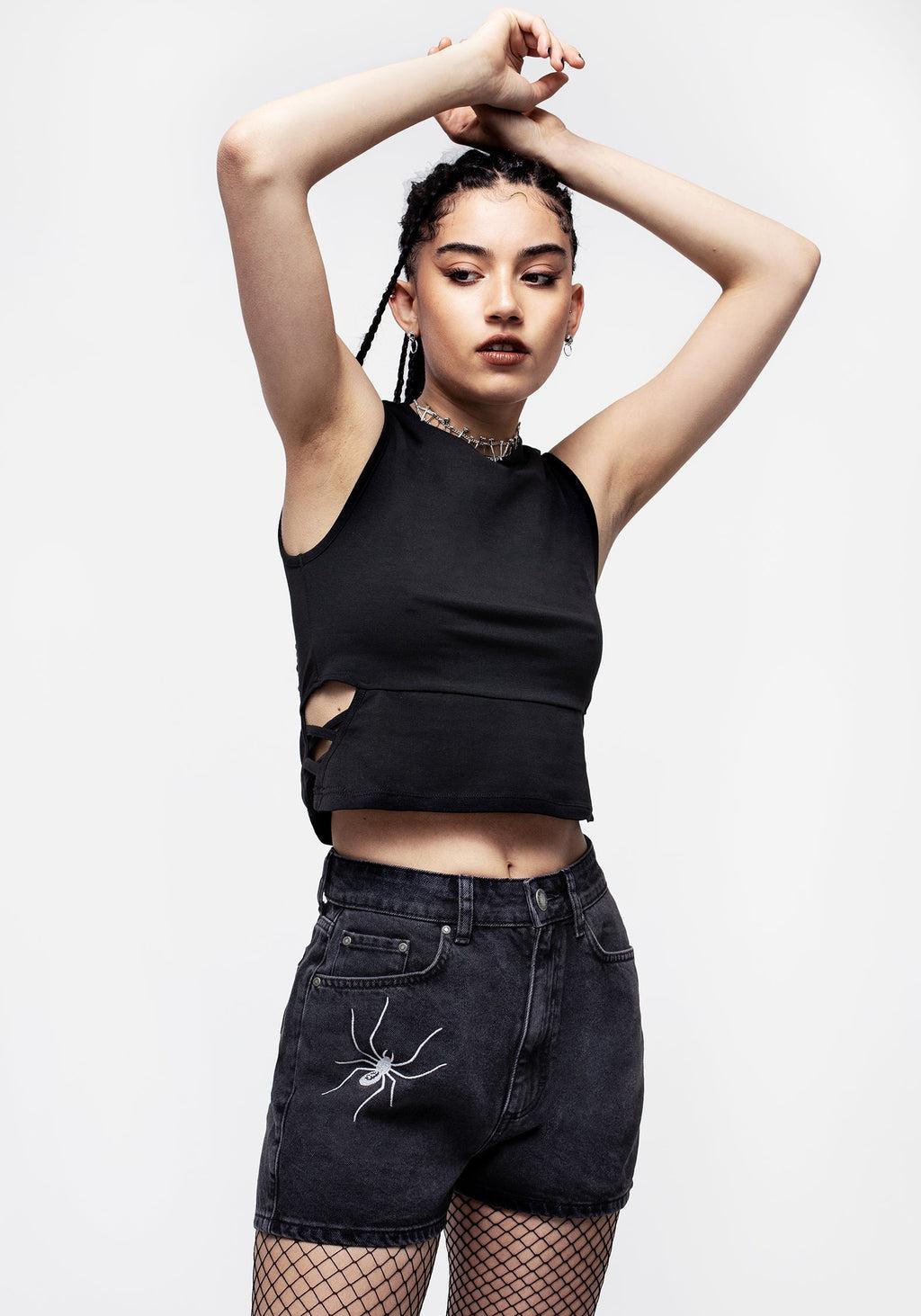 Widow Embroidered Denim Mom Short Product Image