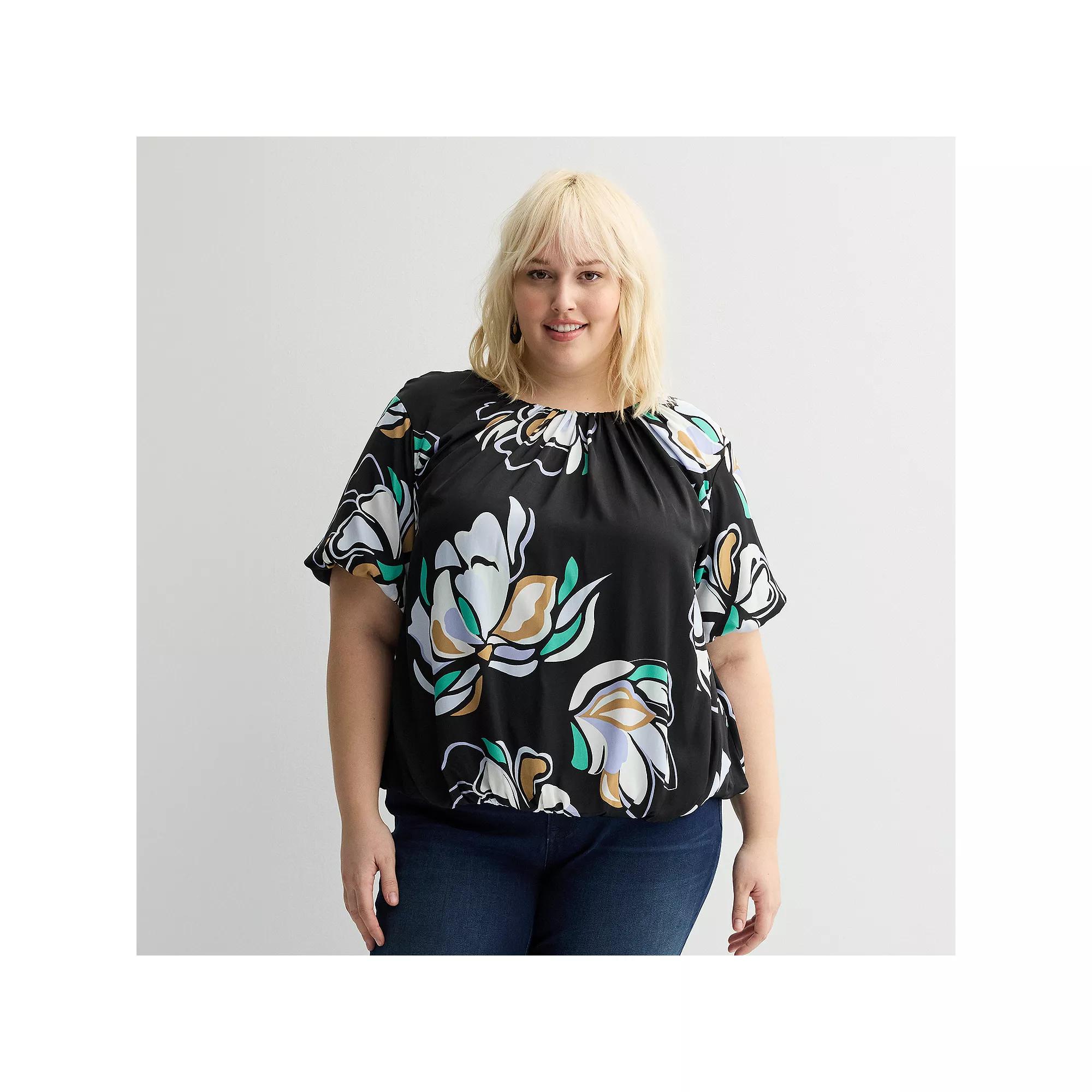 Plus Size Nine West Bubble Hem Blouse, Women's, Size: 3XL, Black Olivia Floral Product Image