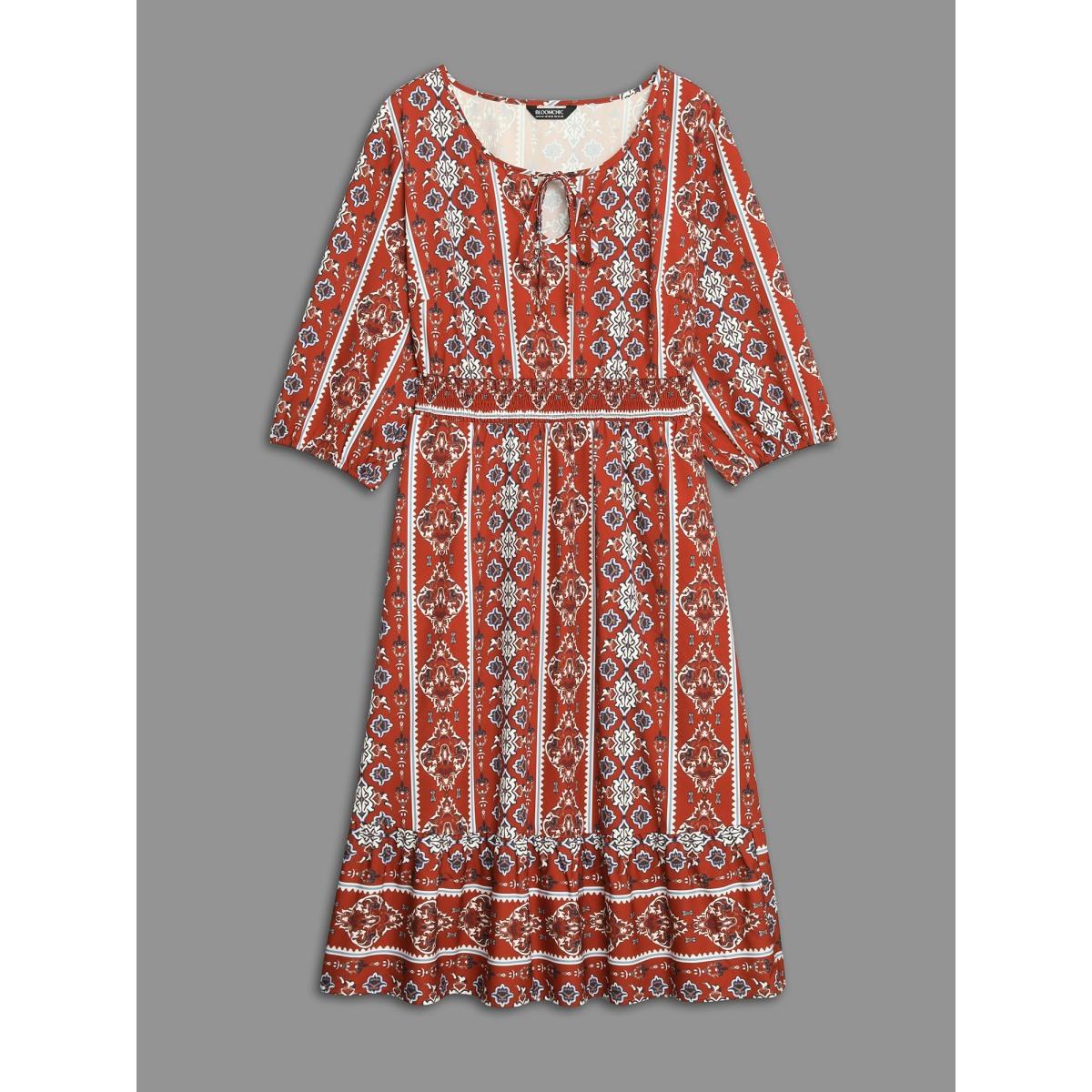 Plus Size Boho Print Shirred Tie Knot Midi Dress Russet Women Resort Tie knot V-neck Elbow-length sleeve Curvy BloomChic 30/6X Product Image