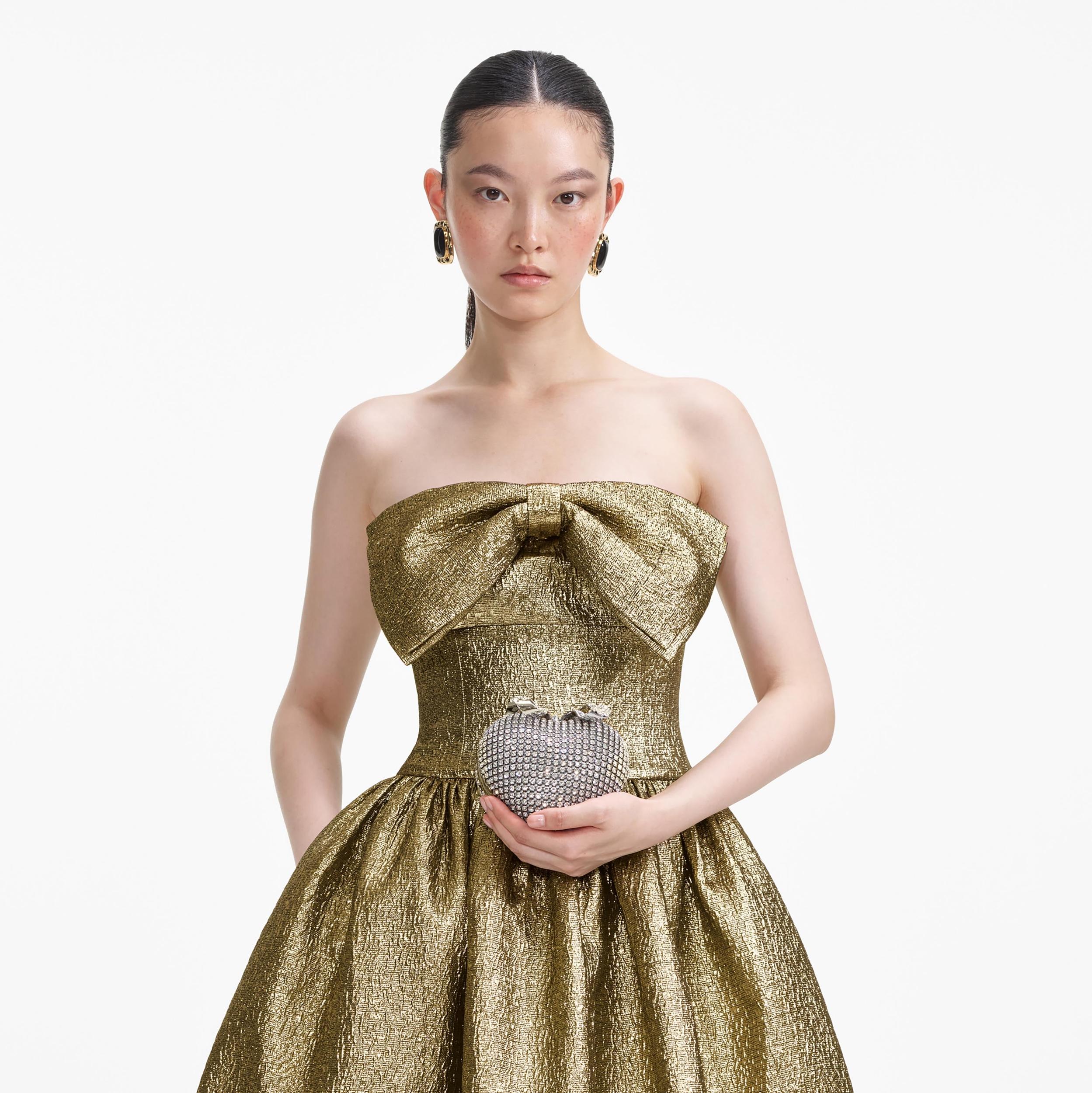 Gold Metallic Jacquard Midi Dress Product Image