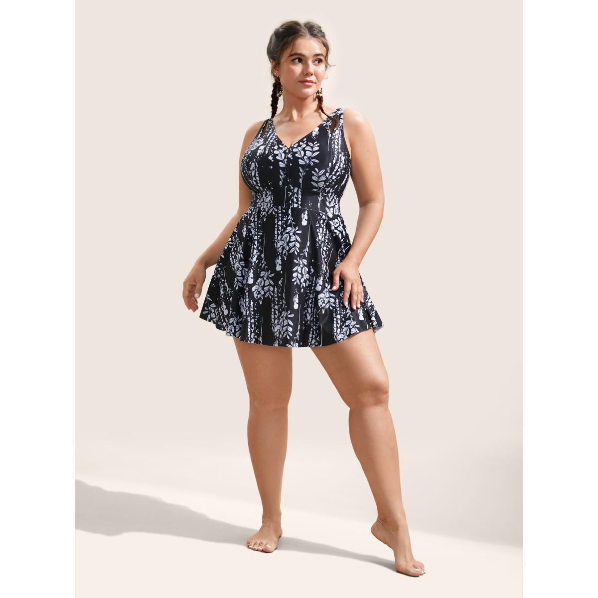 Plus Size Plants Print Adjustable Straps Cut Out Swim Dress Women's Swimwear Black Beach Bodycon V-neck High stretch Curve Swim Dresses BloomChic 28/5X Product Image