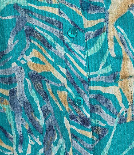 Intro Woven Mosaic Blue Split V-Neck 3/4 Roll-Tab Sleeve Button Front Shirt Product Image