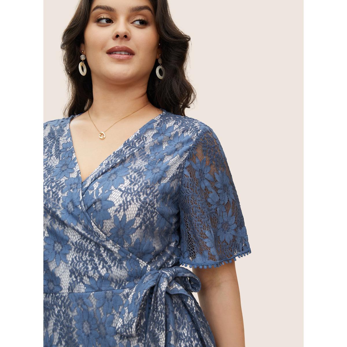 Plus Size DarkBlue Floral Crochet Lace Mesh Pompom Trim Blouse Women Elegant Short sleeve Overlap Collar Everyday Blouses BloomChic 10/M Product Image