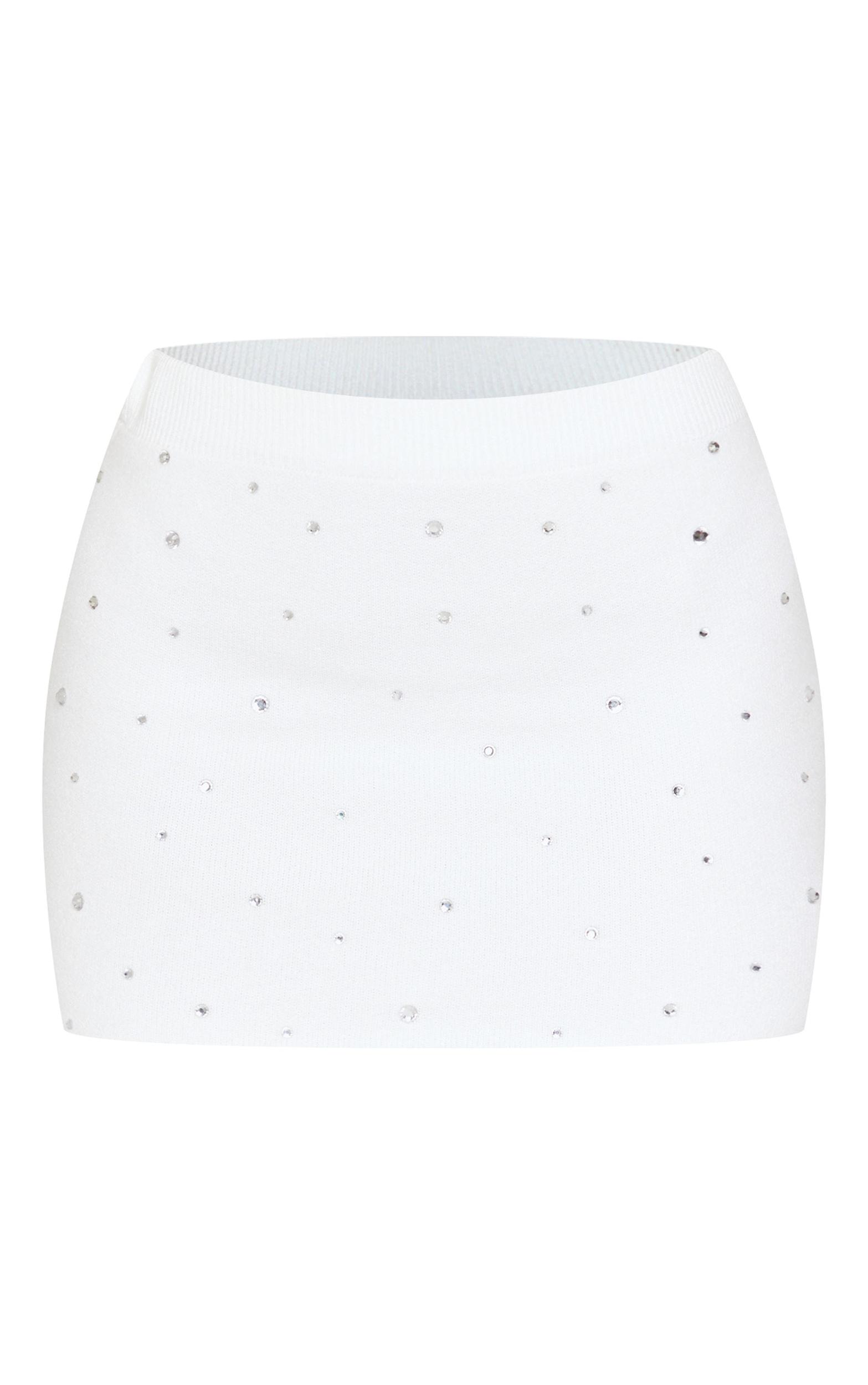Petite White Diamante Knit Mini Skirt Product Image