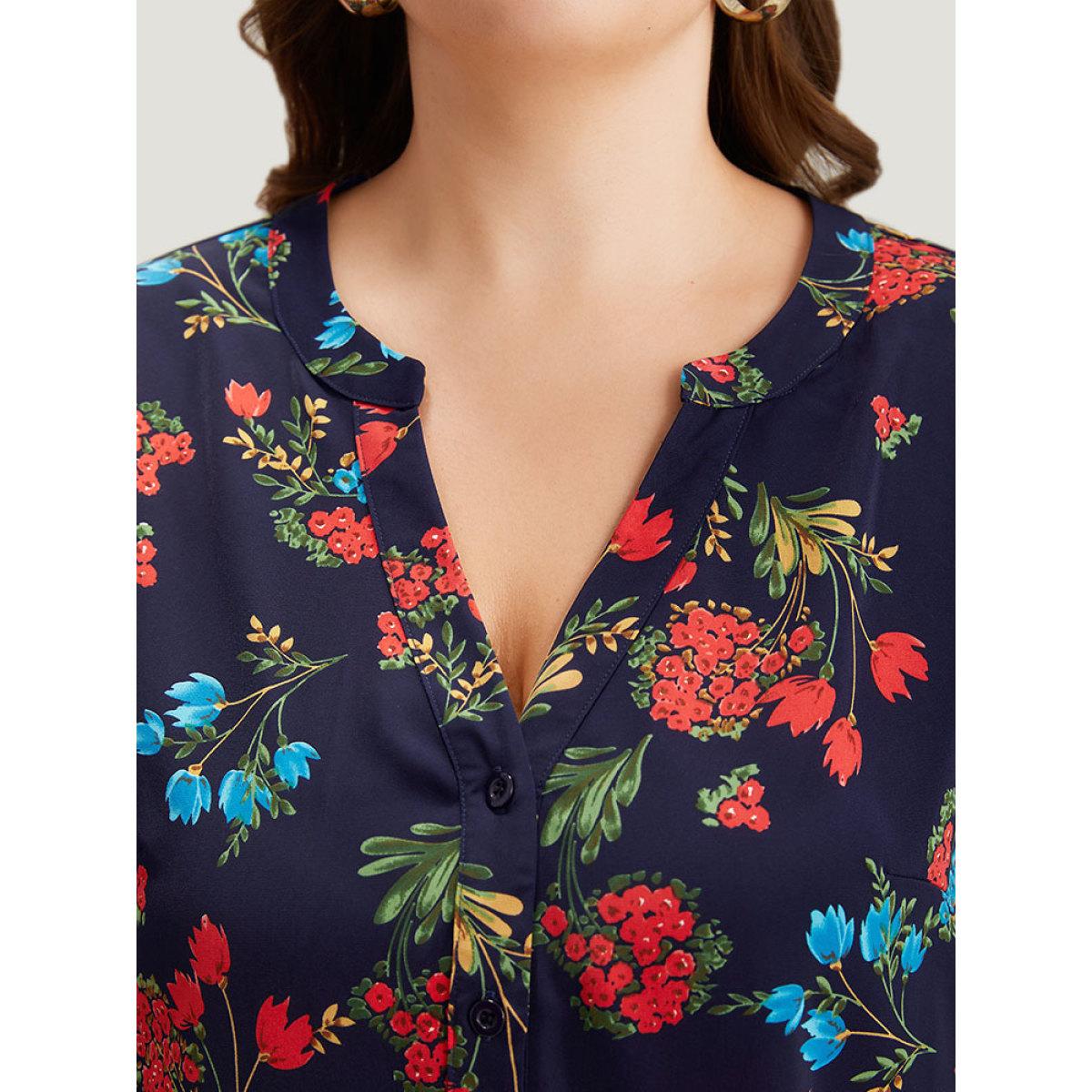 Plus Size Indigo Floral Print Notched Tab Sleeve Blouse Women Elegant Long Sleeve V-neck Dailywear Blouses BloomChic 10/M Product Image