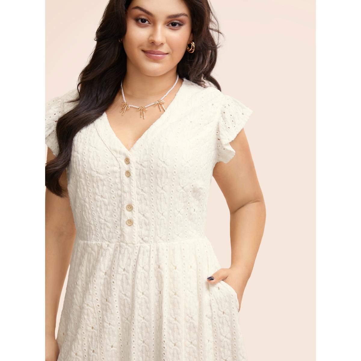 Plus Size Textured Button Detail Cap Sleeve Dress Ivory Women Elegant Texture V-neck Cap Sleeve Curvy BloomChic 18-20/2X Product Image