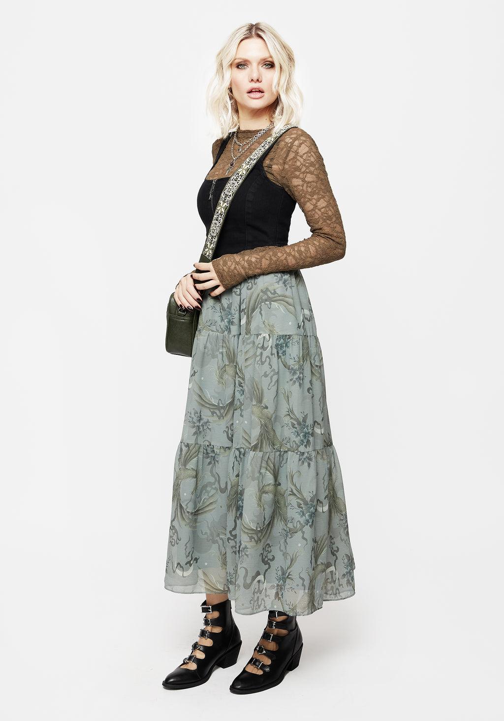 Sapphira Dragon Print Chiffon Tiered Maxi Skirt Product Image