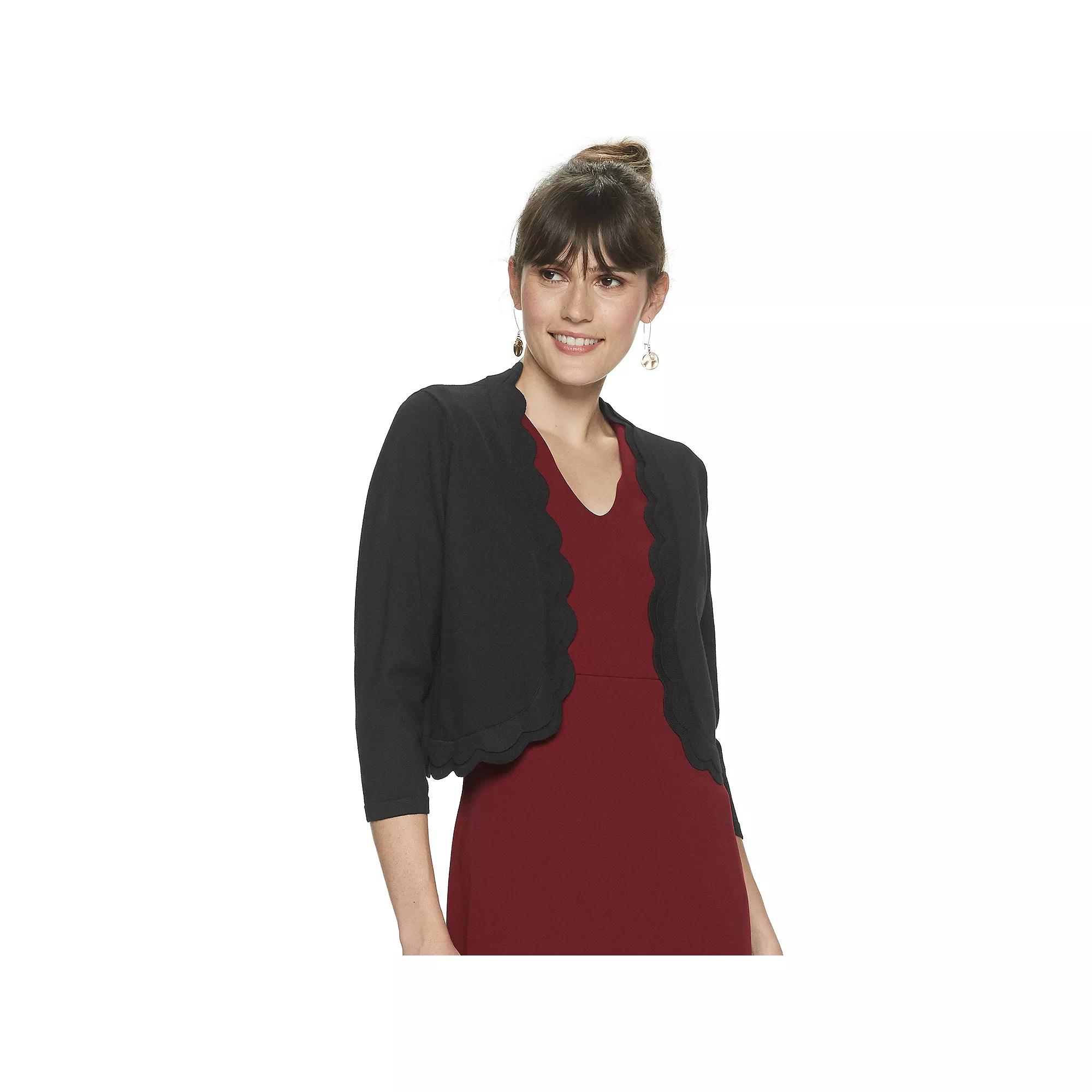 Plus Size Nina Leonard Scallop-Trim Bolero Cardigan, Womens Product Image