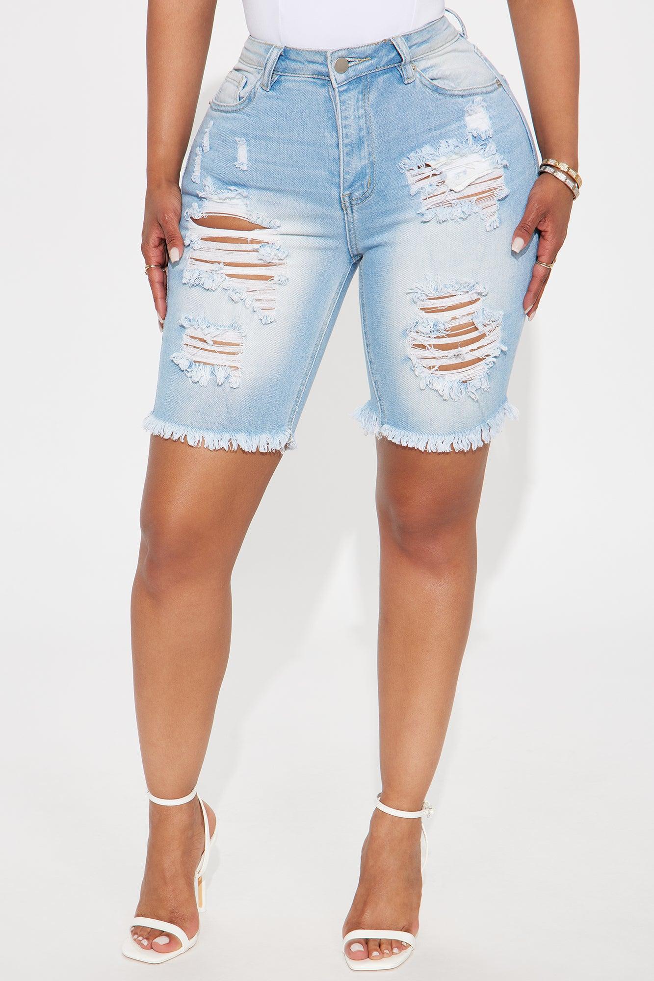 Outta Time Stretch Ripped Denim Bermudas - Light Wash Product Image