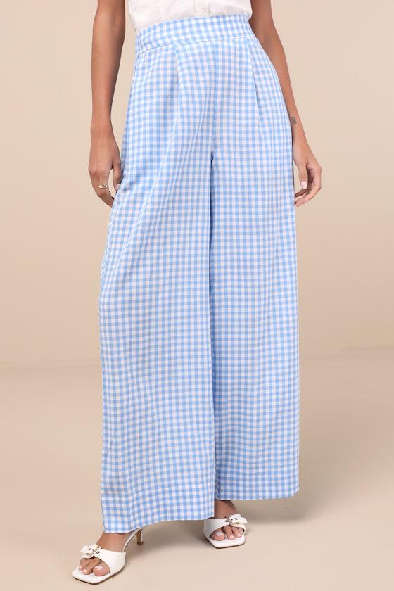 Delphine Blue and White Gingham Wide-Leg Pants Product Image