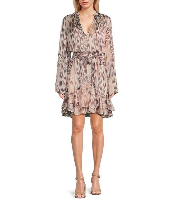 Guess Sibilla Jaguar-Printed Long Sleeve Belted Chiffon Dress Product Image