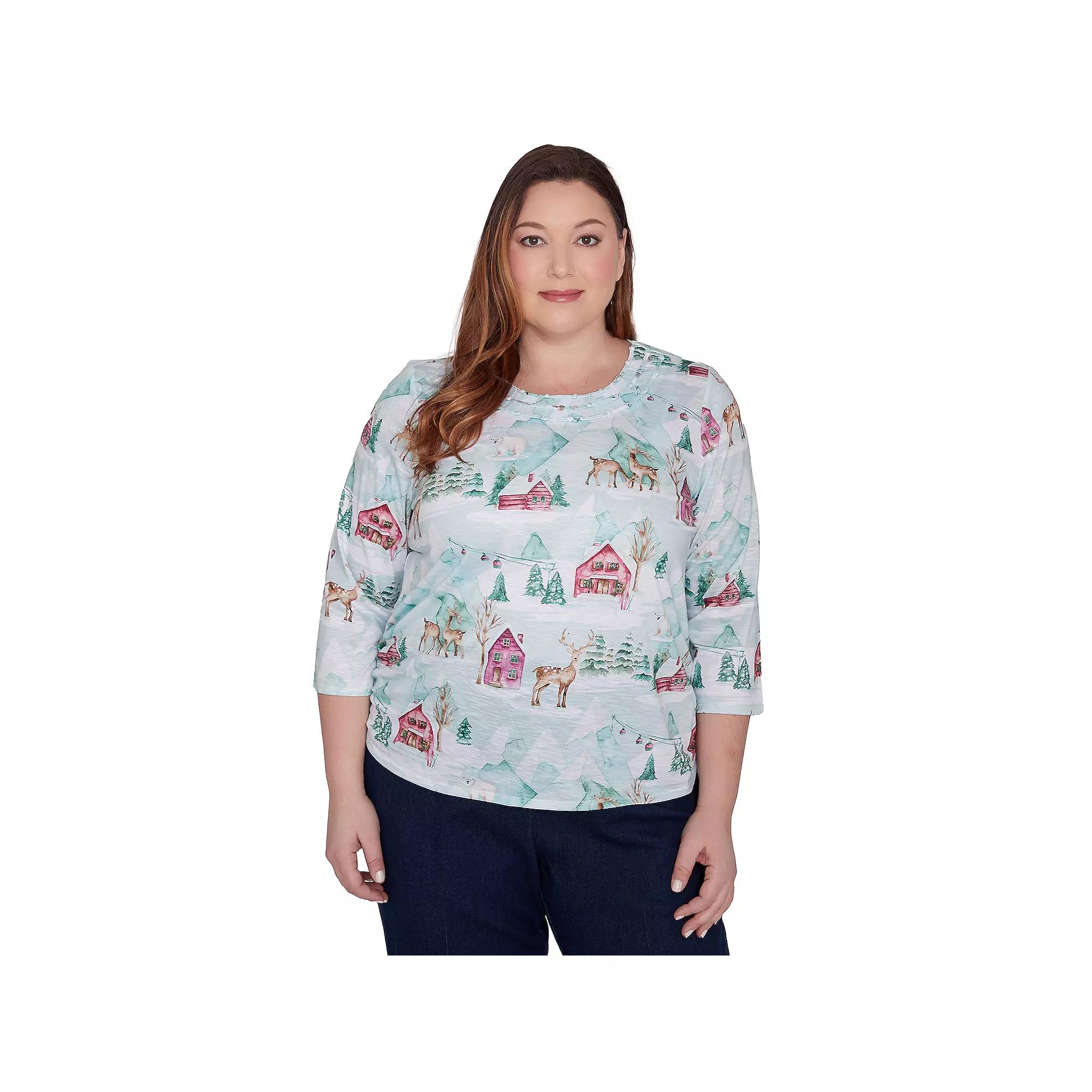 Plus Size Alfred Dunner Triple Notch Neck Deer Village Top, Women's, Size: 2XL, Multi Green Product Image