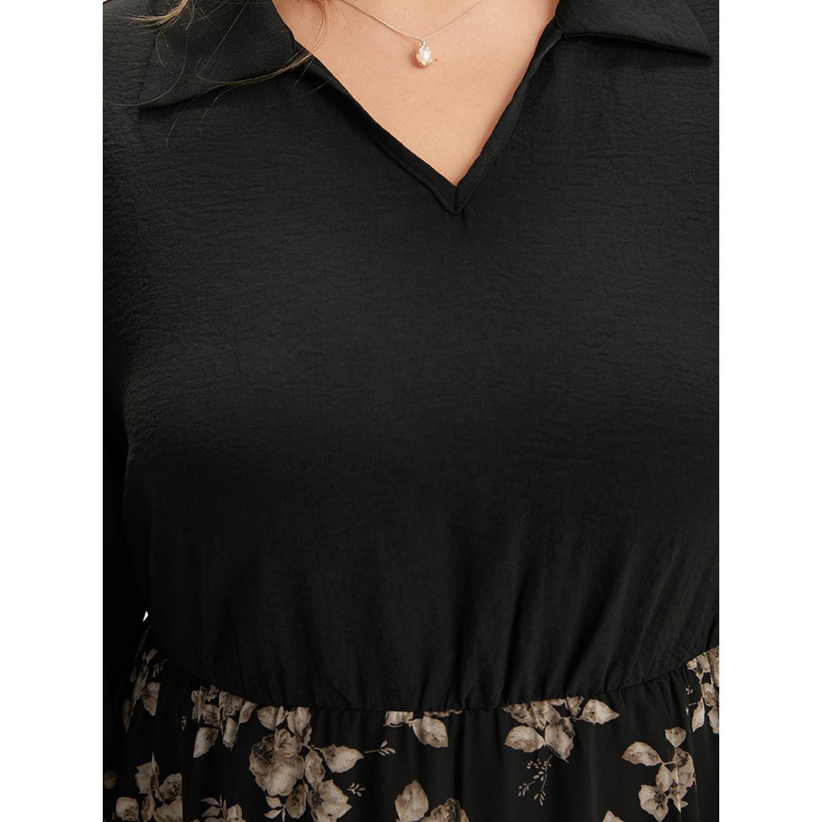 Plus Size Floral Print Patchwork Shirt Collar Dress Black Women Office Lined Shirt collar Half Sleeve Curvy Midi Dress BloomChic 12/L Product Image