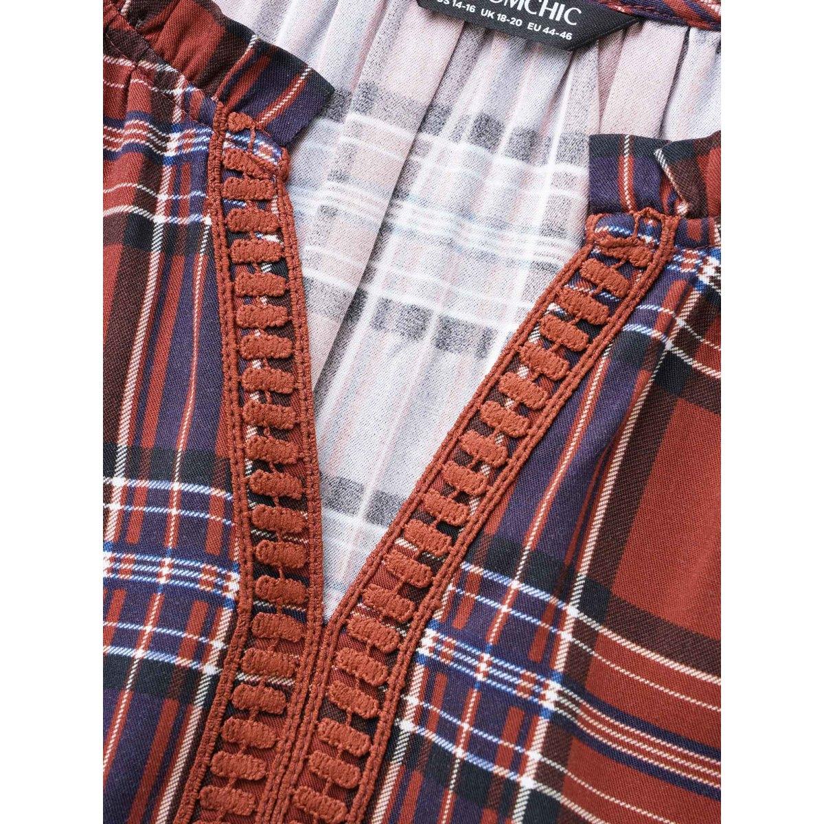 Plus Size Browncoffeecolor Plaid Contrast Webbing Ruffle Trim Blouse Women Elegant Long Sleeve Flat collar with V-notch Everyday Blouses BloomChic 12/L Product Image