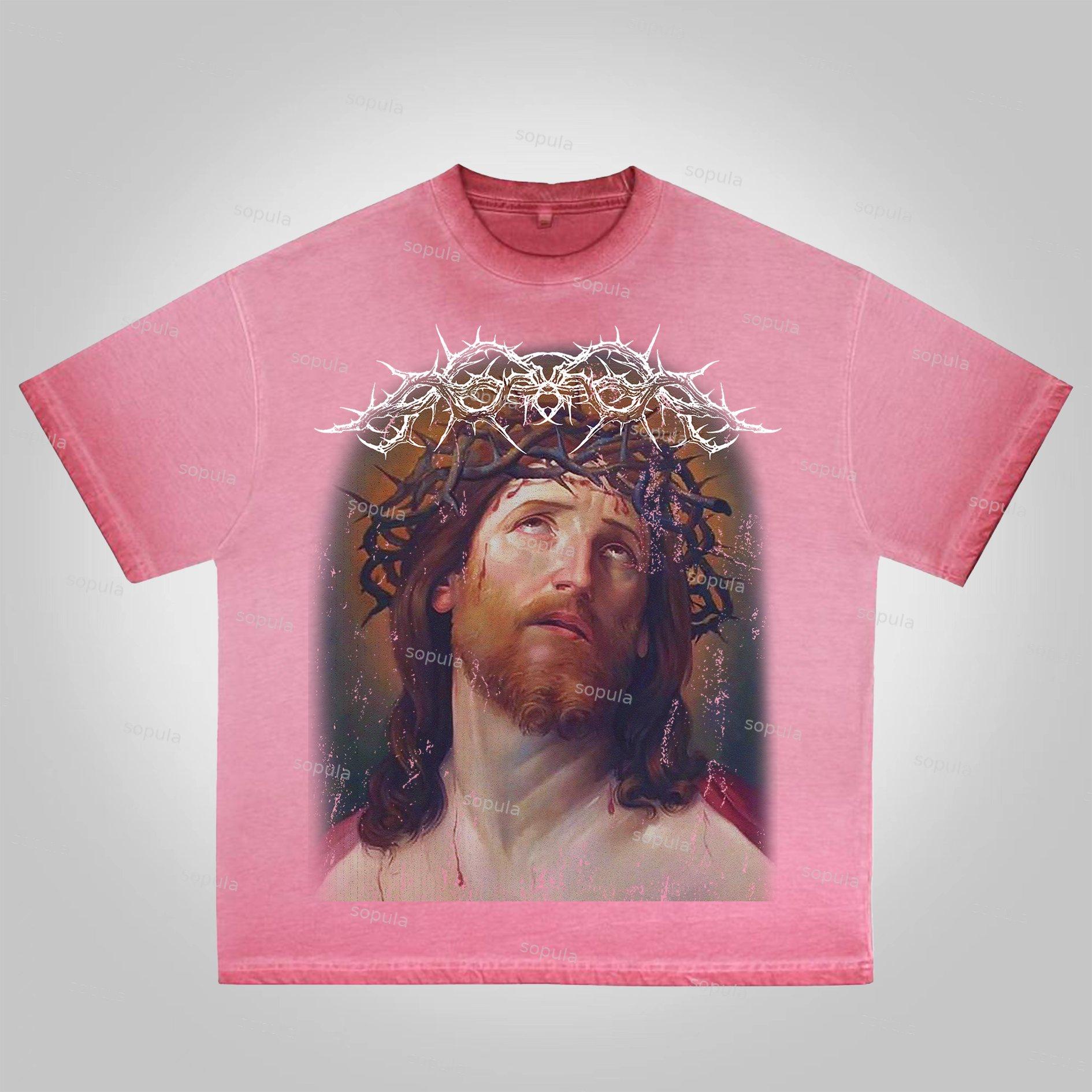 Sopula Vintage Jesus Portrait Graphic Bible Print Washed Cotton T-Shirt Product Image