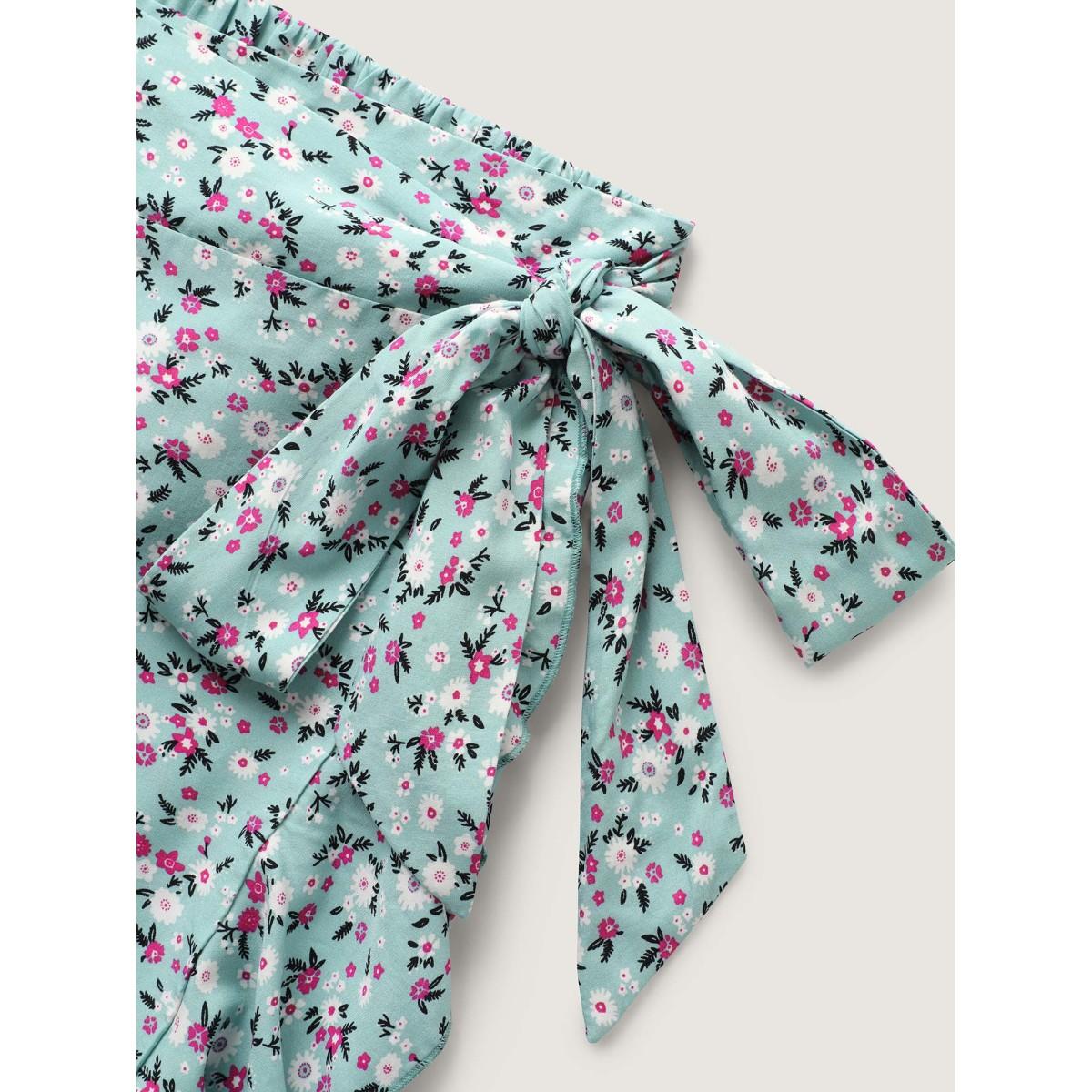 Plus Size Rayon Ditsy Floral Print Side-Tie Maxi Skirt Women LightGreen Timeless Loose No stretch Side seam pocket Belt Vacation Skirts BloomChic 14-16/1X Product Image