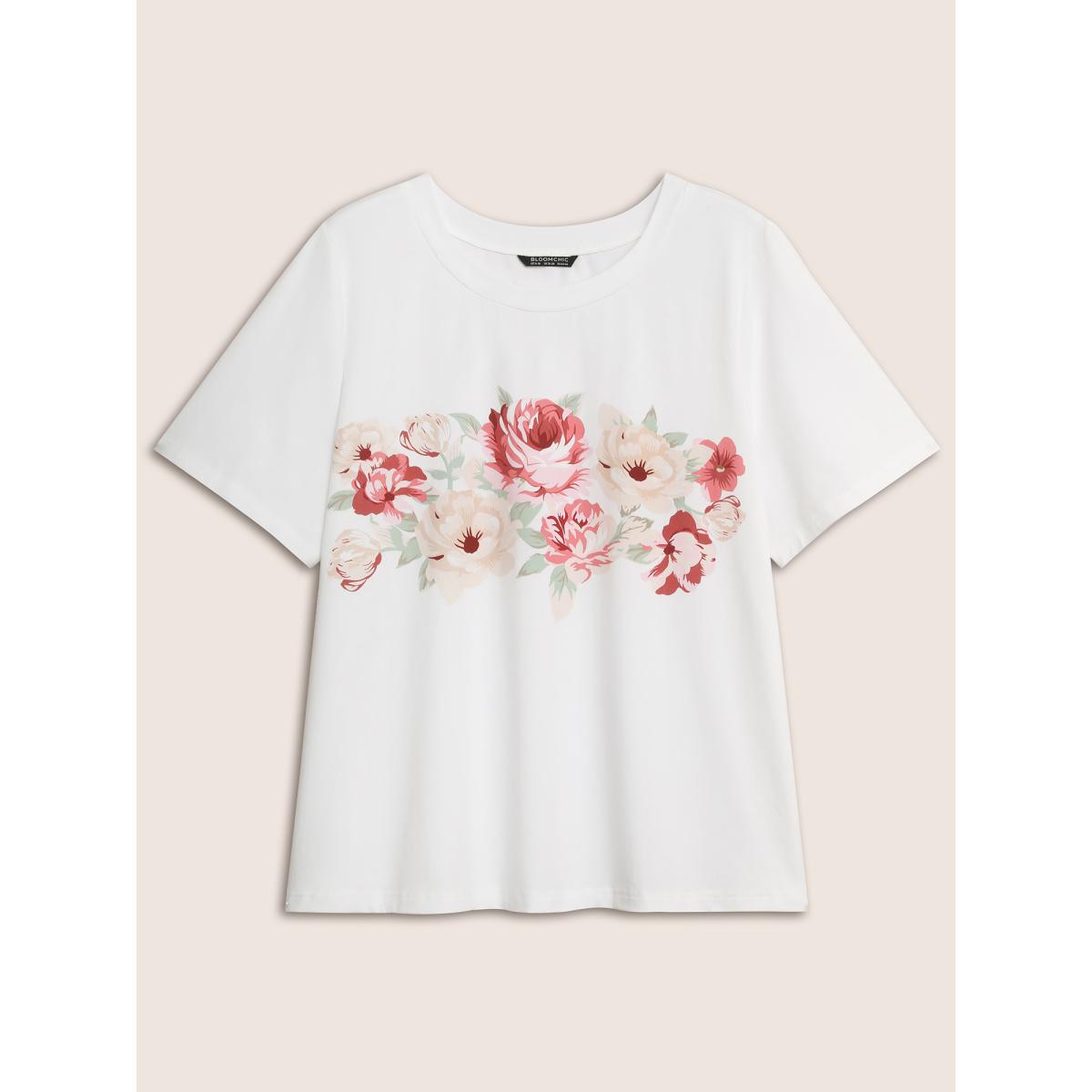 Plus Size Natural Flowers Print Crew Neck T-shirt Originalwhite Women Elegant Contrast Natural Flowers Round Neck Everyday T-shirts BloomChic 10/M Product Image