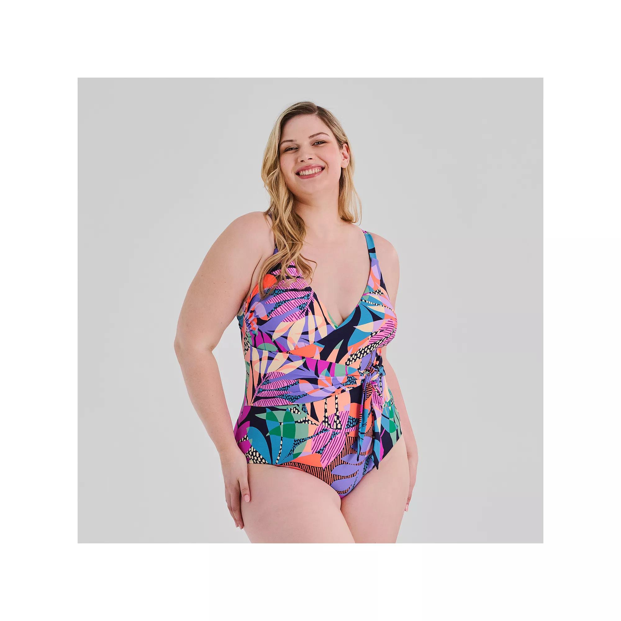 Plus Size Freshwater Sash Crossover One-Piece Swimsuit, Women's, Size: 1XL, Bahia Leaves Product Image