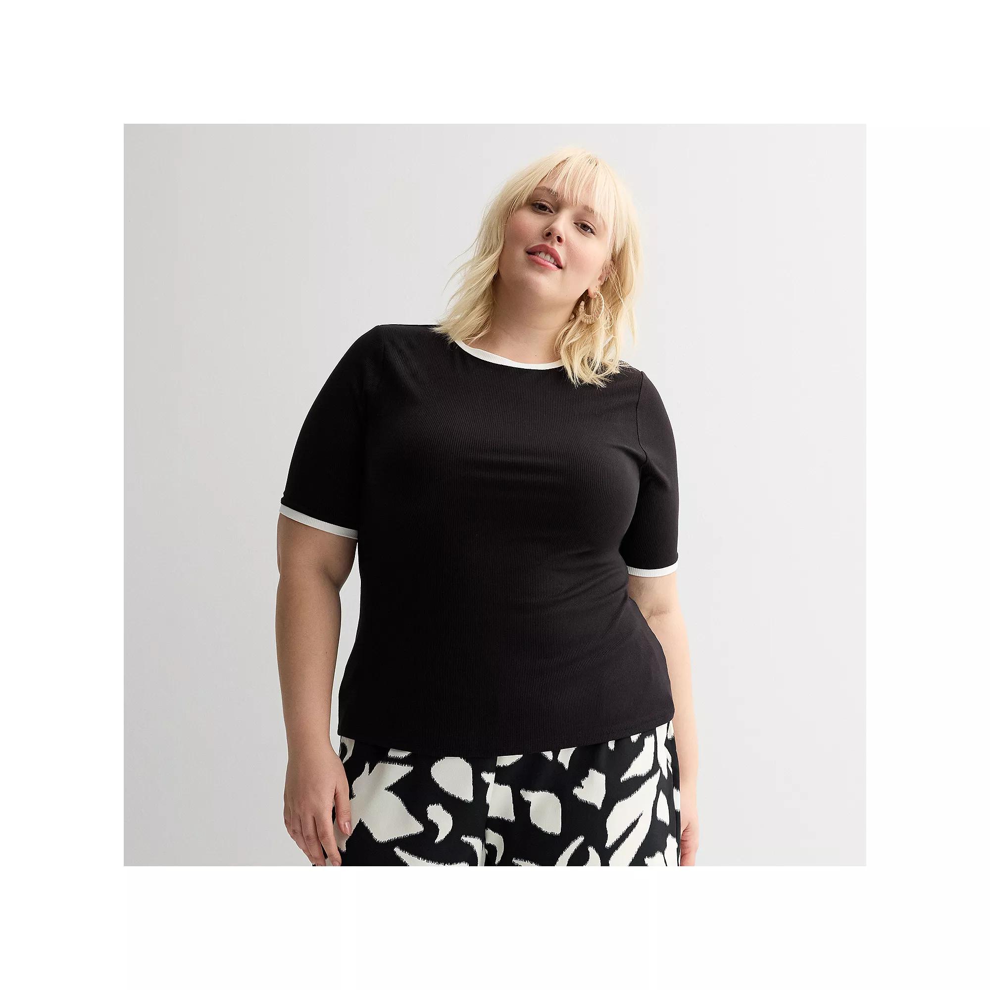 Plus Size Nine West Fitted Elbow Sleeve Top, Women's, Size: 3XL, Black White Trim Product Image