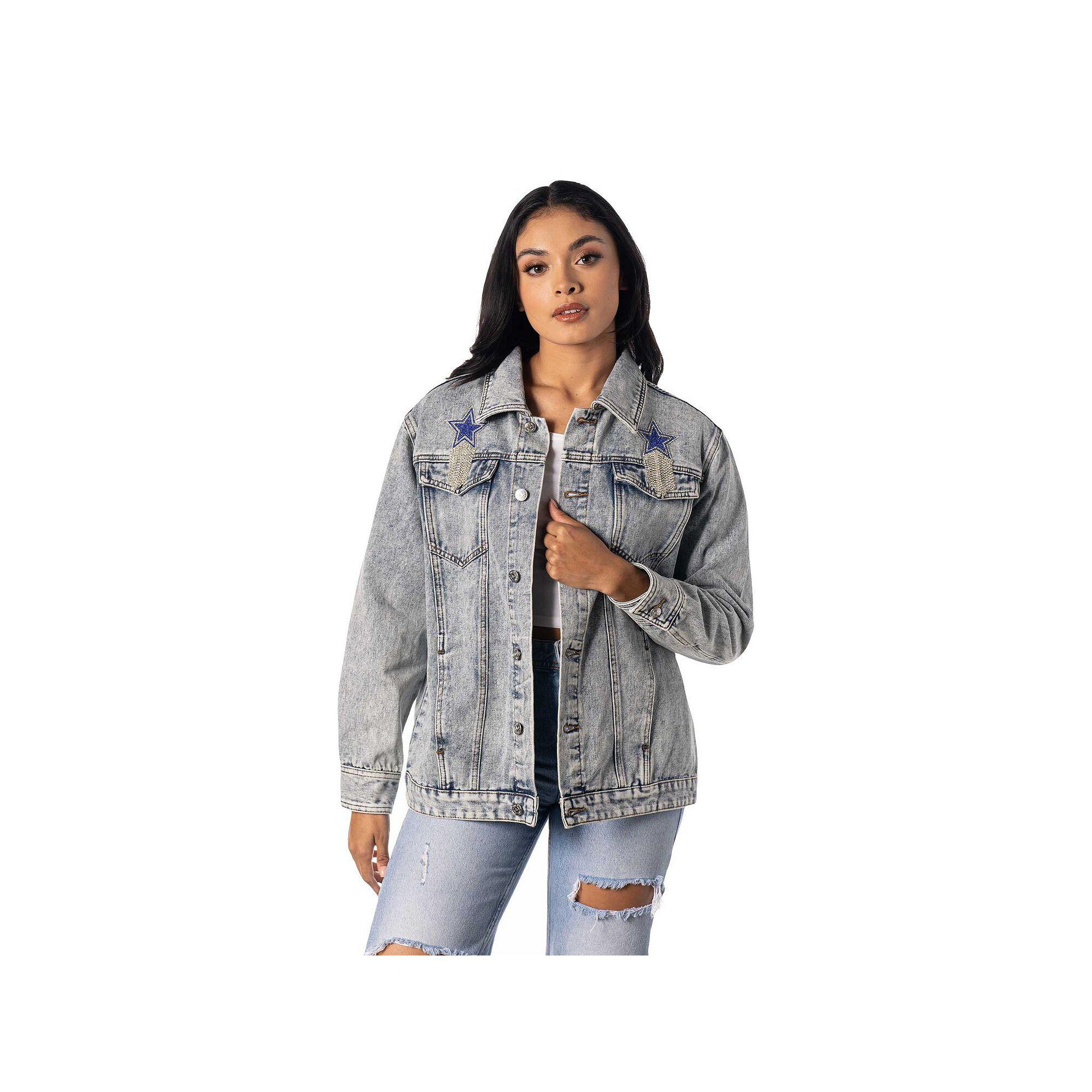 Women's The Wild Collective Dallas Cowboys Rhinestone Denim Sequin Fringe Button-Up Jacket,  Product Image