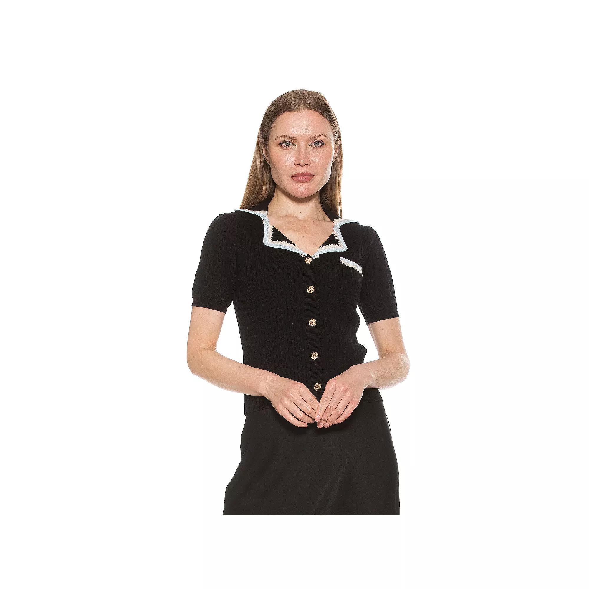 Women's ALEXIA ADMOR Kith Knit Short Sleeve Button Down Collared Top,  Product Image