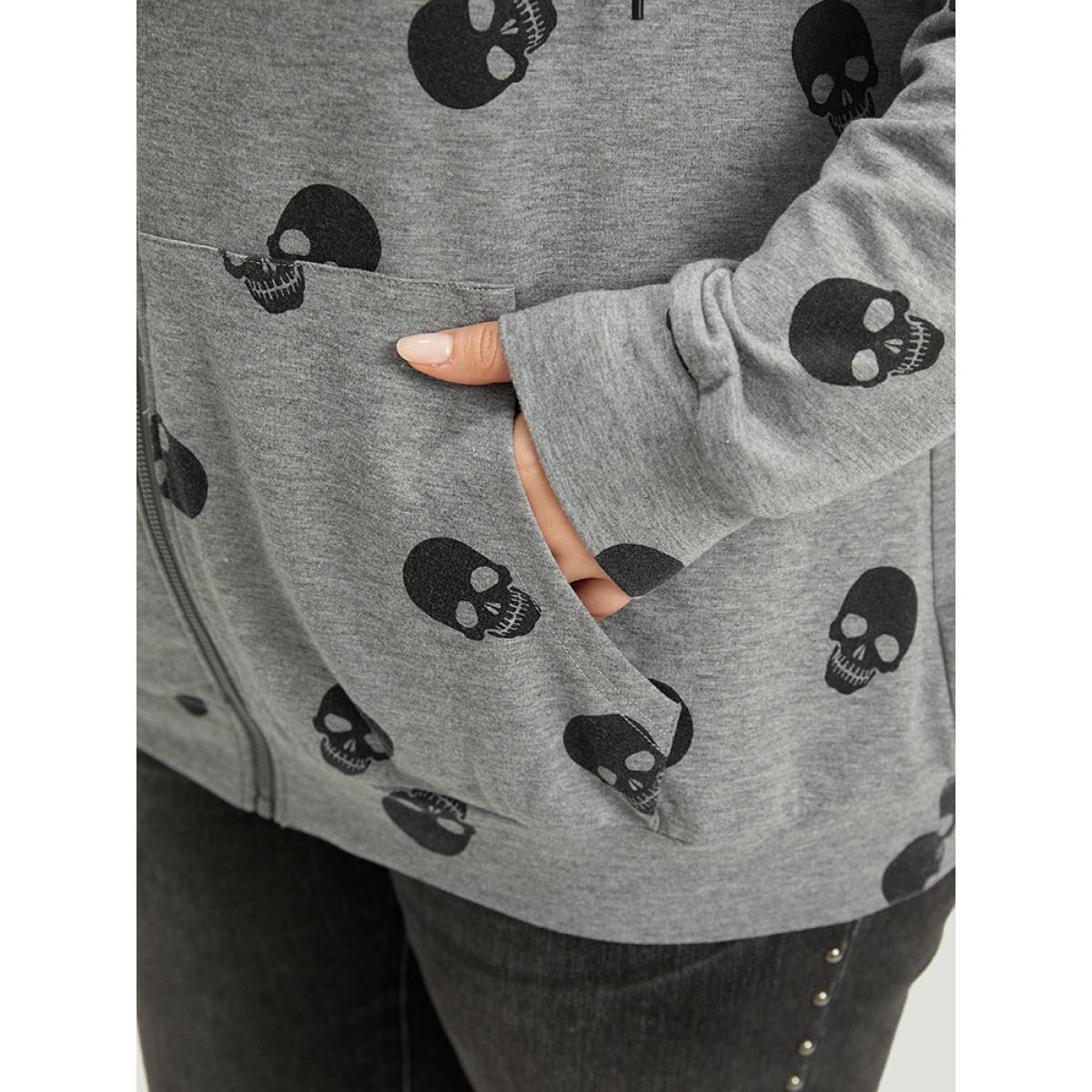 Plus Size Halloween Skull Print Pocket Zipper Hooded Sweatshirt Women Gray Casual Elastic cuffs Hooded Festival-Halloween Sweatshirts BloomChic 26/4X Product Image