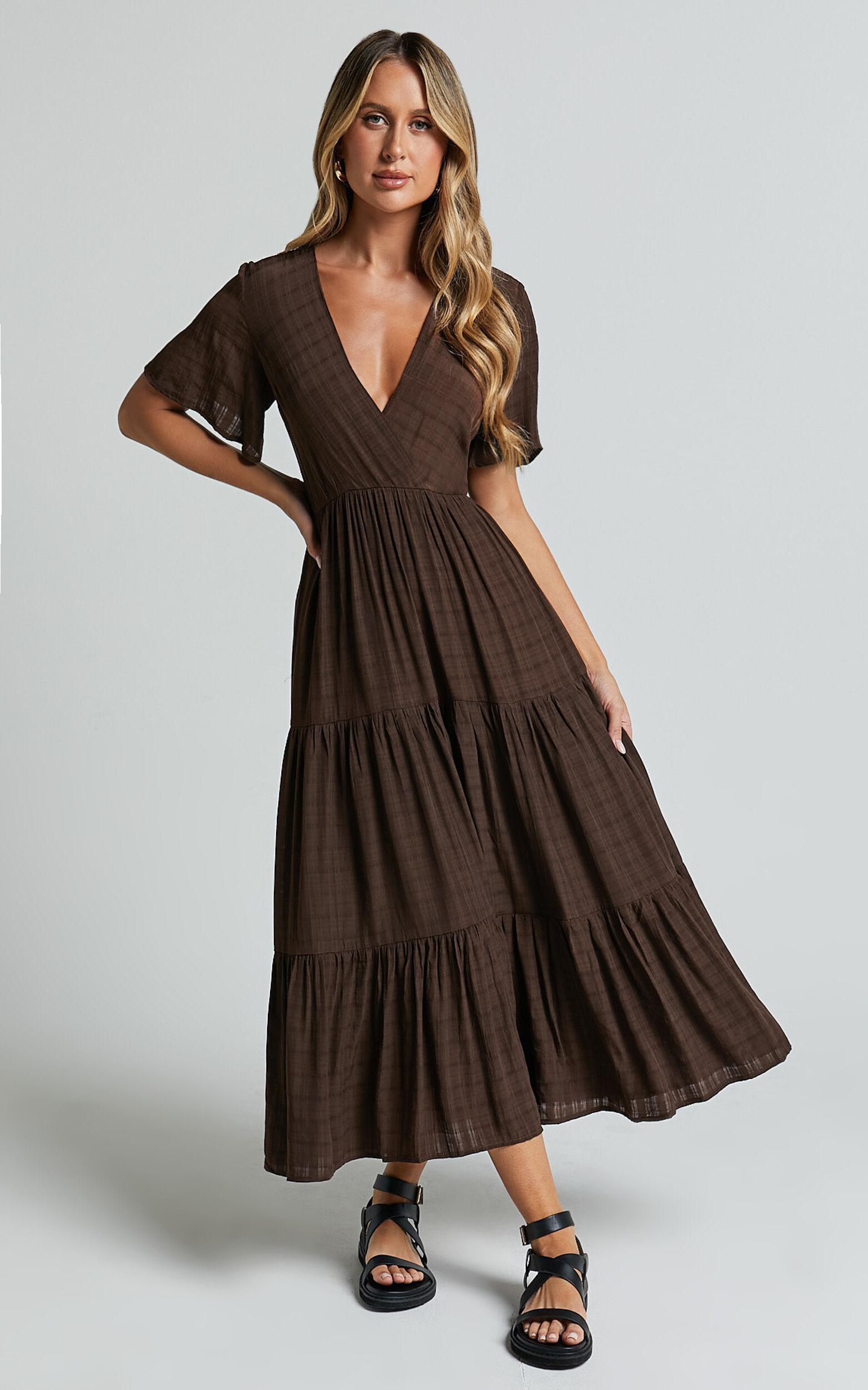 Cryzel Midi Dress - Flutter Sleeve Tiered Dress in Chocolate Product Image