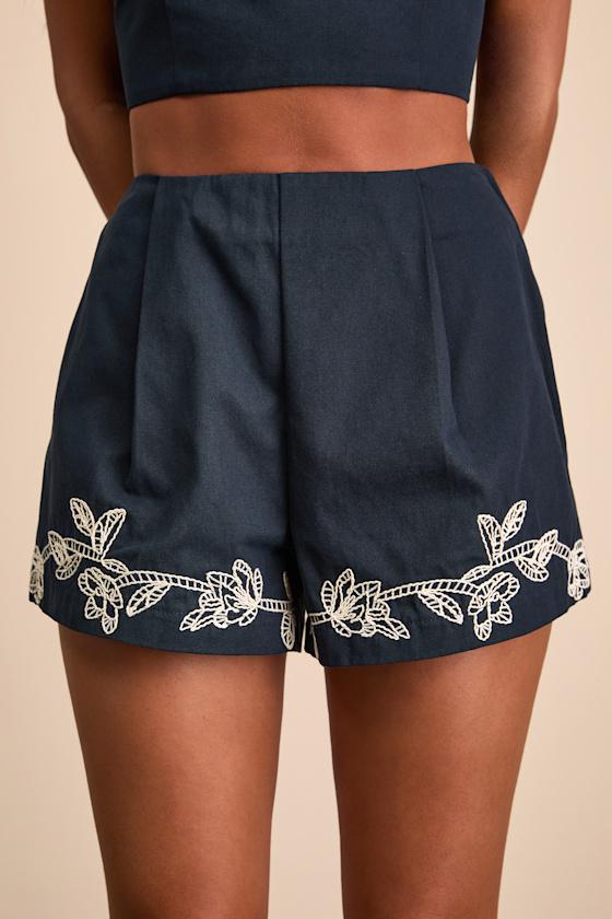 Sarella Navy Cotton High-Rise Embroidered Shorts Product Image