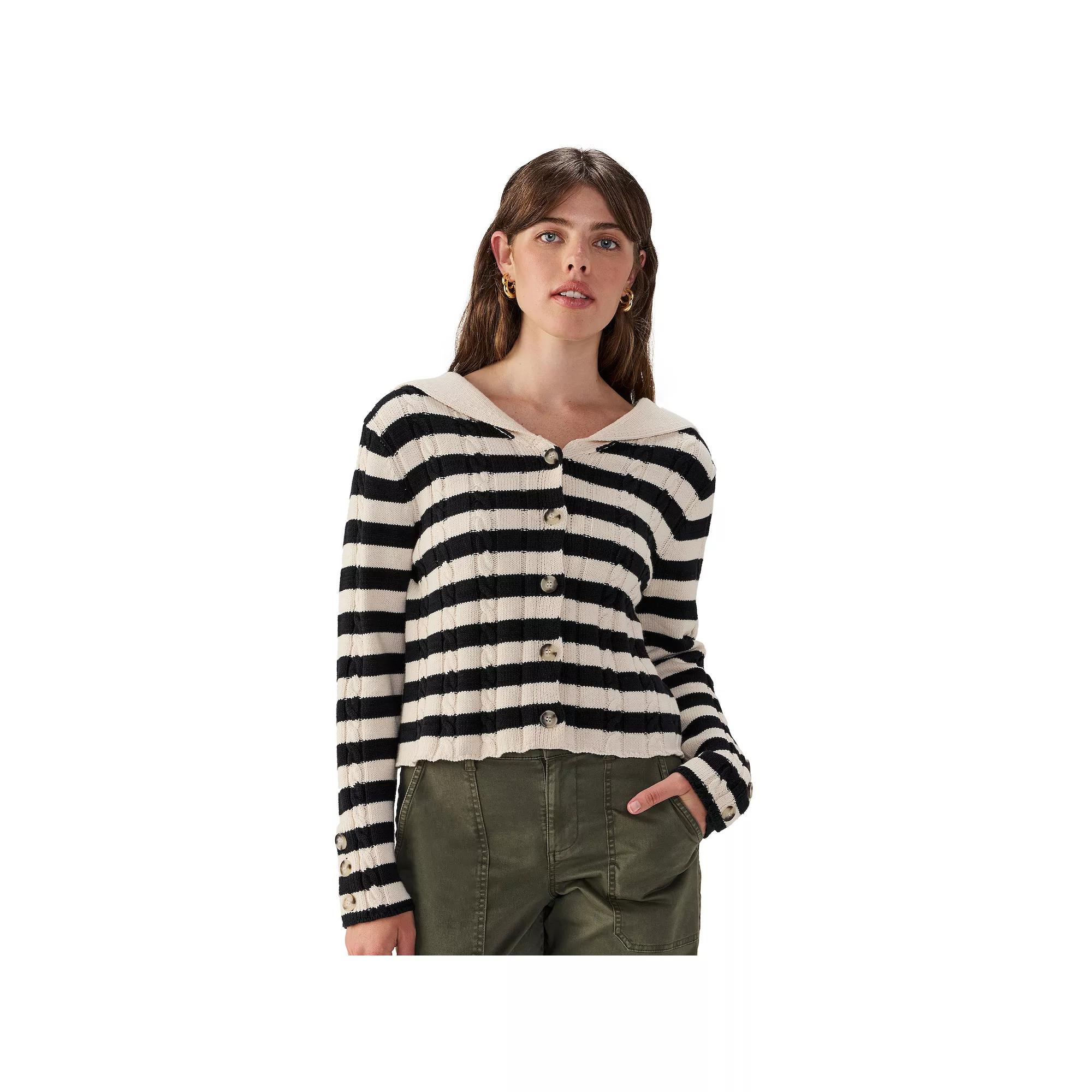Women's Modern Supply Button Up Popover Sweater, Size: Small, Black Natural Stripe Product Image