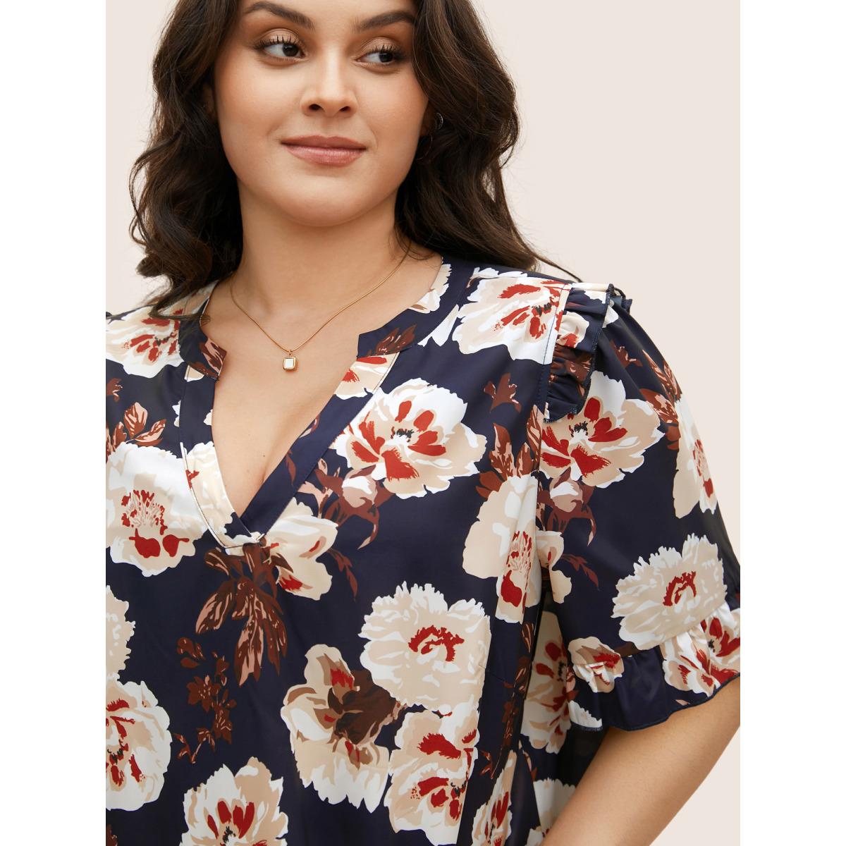 Plus Size Indigo Floral Notched Collar Ruffle Trim Blouse Women Elegant Short sleeve Flat collar with V-notch Everyday Blouses BloomChic 10/M Product Image