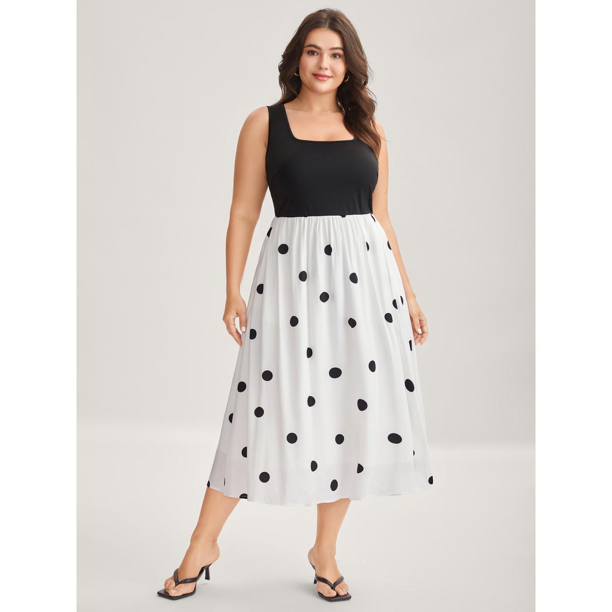 Plus Size Polka Dots Stretchy Waist Pockets Midi Dress Black Women U-neck Sleeveless Curvy BloomChic 30/6X Product Image